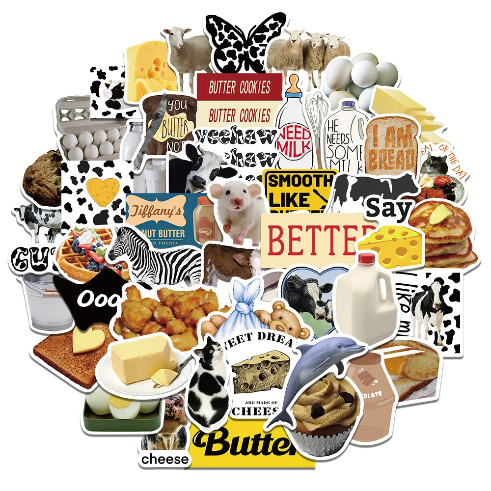 

10/30/50pcs Cute Cartoon Cow Butter Stickers Funny Food Animal Decal DIY Phone Scrapbook Luggage Helmet Graffiti Sticker Kid Toy