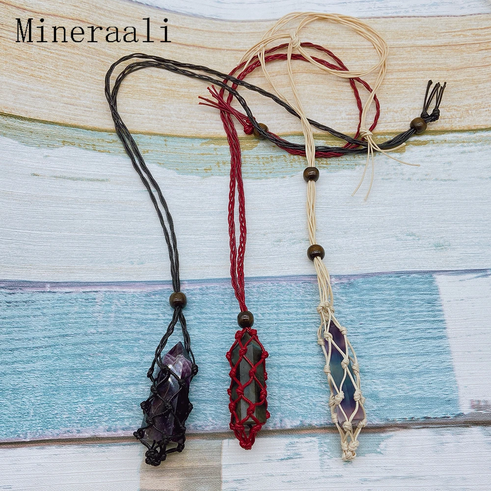 

1pc Red Black Net Bag Necklace Cord Empty Stone Raw Crystal Holder Natural Quartz Stone Chakra Point Healing Fish Netted Amulets
