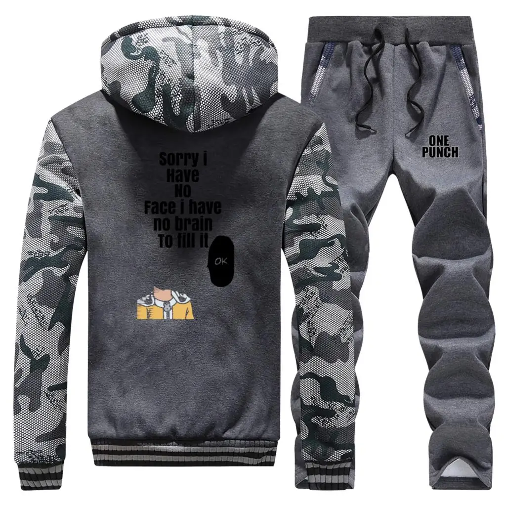 

Fashion Japanese Anime One Punch Man Saitama Camo Sweatshirt Hoodies+pants Two Piece Sets One Punch Fleece Sportswear Sweatpants