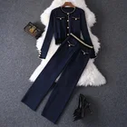 Женский трикотажный костюм, комплект из двух предметов, однобортный Кардиган с золотыми линиями, Осень-зима 2020