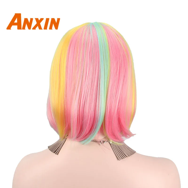 Anxin Bob короткие прямые волосы с челкой зеленые желтые синие розовые разноцветные