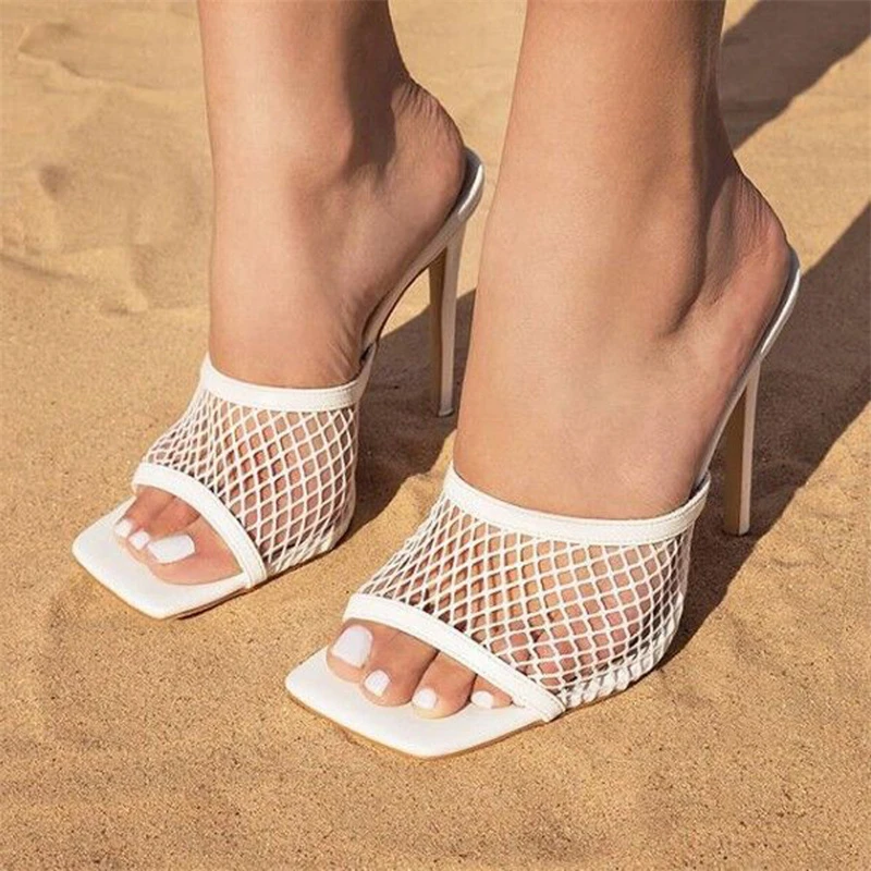 

2021 Women's Shoes Sexy Women Sandals Mesh Slippers Summer Slides Women Mules PU Leather Square Head Peep Toe High Heel Fashion