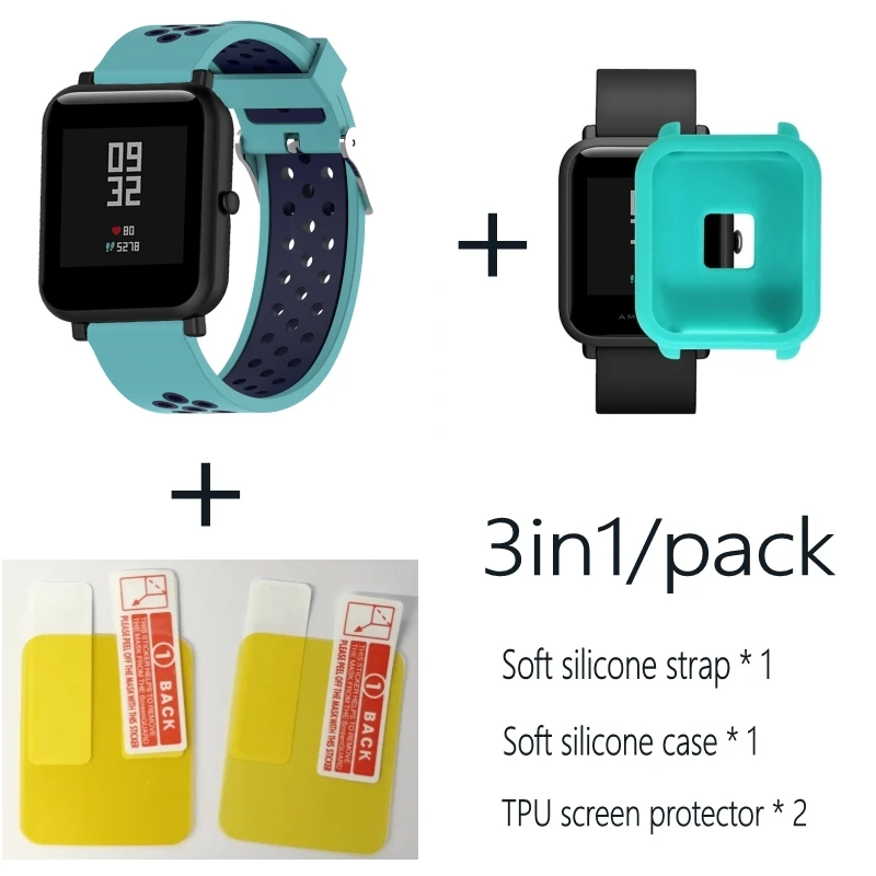 Green blue-Green 3в1 Для Xiao mi Hua mi Amazfit Bit ремешок BIP PACE Lite Молодежные умные часы mi Fit braceket+ силиконовые полосы+ мягкий чехол+ 2 пленки для экрана - Цвет: Green blue-Green