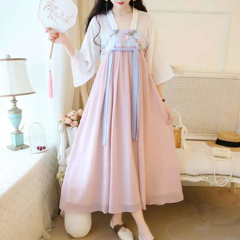 

China Modified Hanfu Hanfu Fashion Embroidery Flower Waist Skirt Suit Posed Ru 6 Meters Long Skirt Ancient Chinese Plus Costume