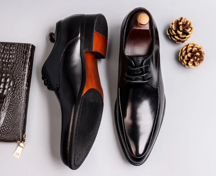 

QYFCIOUFU Classic Formal Dress Derby Office Shoes Genuine Leather Handmade Wedding Party Flats Pointed Toe Men's Basic Footwear