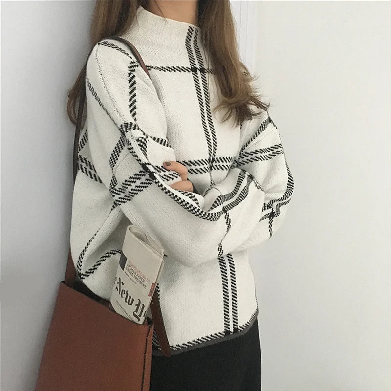 

SHZQ Autumn Winter New Plaid Pullovers Sweaters Women Elegant Fine Knitted Turtleneck Long Sleeve Sweater Female Knitwear Mujer