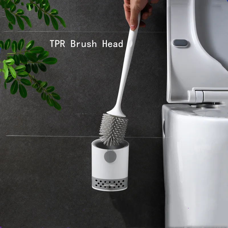 Cepillo de inodoro a prueba de fugas de agua con base de silicona, cabezal plano redondo, cerdas suaves flexibles, juego de soporte de secado r&aacute;pido-1
