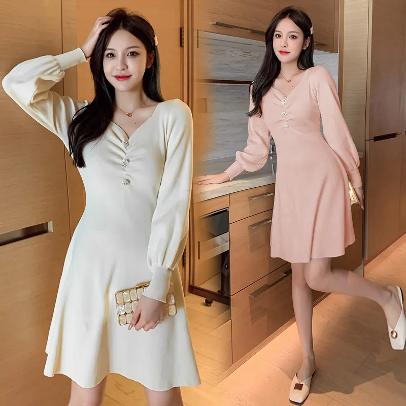 

2021 New Waistline Show Thin Temperament Sweater Knitted Long Sleeve High Waist Dress Women Dress Mini Dress Mini Dress