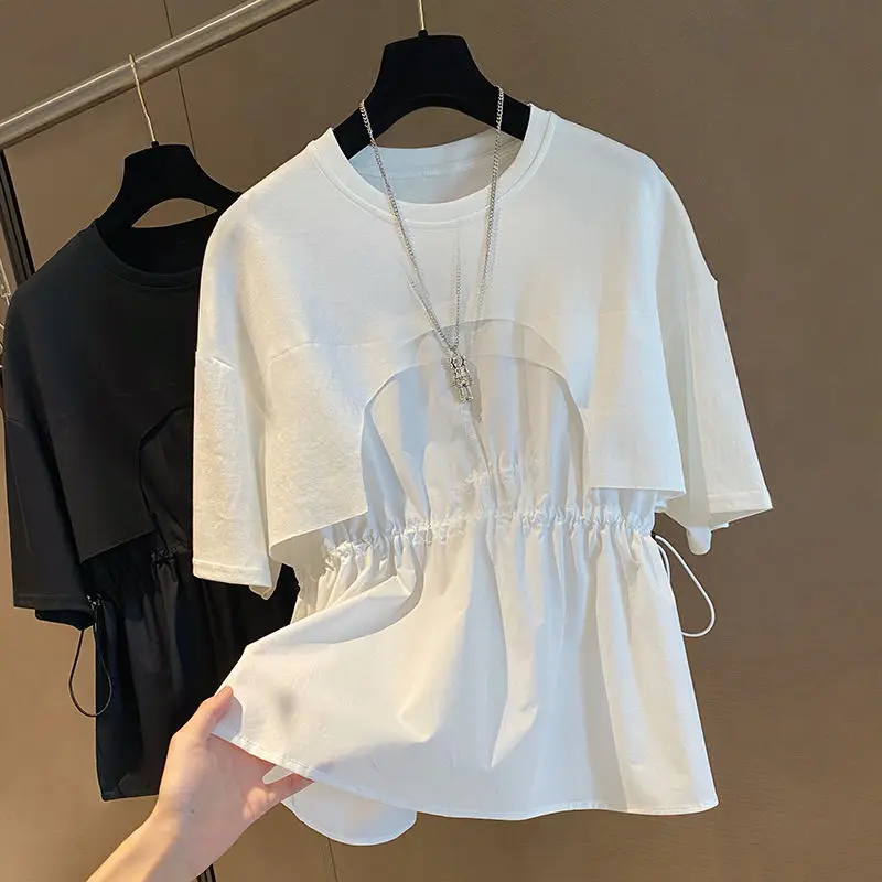 

VANOVICH Korean Japan Style Design Sense Loose Stitching Drawstring Waist Short-sleeved T-shirt 2022 Summer New Style