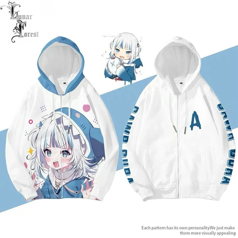 

2021 год, VTuber Gawr gura, 3D печать, мужские/женские осенние модные японские толстовки на молнии, свитшот с длинными рукавами, одежда Pollover