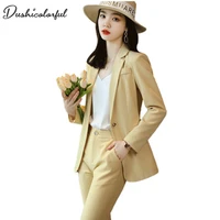 womens pants suit office blazer solid stripe jackets elegant coat female 2 piece set 2021 slim outfit with high waist trousers