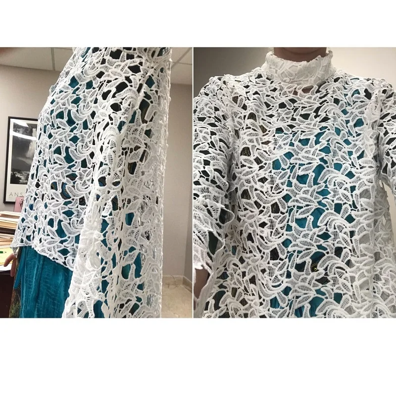

Women Lace Hollow Out Shirts Long Sleeve Irregular Stand Collar Female Loose Blouses 2021 Summer Lady Elegant Solid Beach Tops