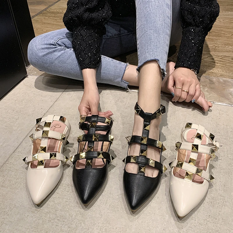 

Studded Sandals 2021 Women's Female Shoe All-Match Clear Heels Gladiator New Comfort Girls Beige Summer Closed Fashion Low PU Ba