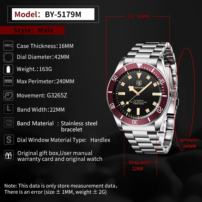 

BENYAR Black Men's Watches 2021 Brand Luxury Mechanical Watch Men Automatic Wristwatch 100M Waterproof Luminous Stainless Steel
