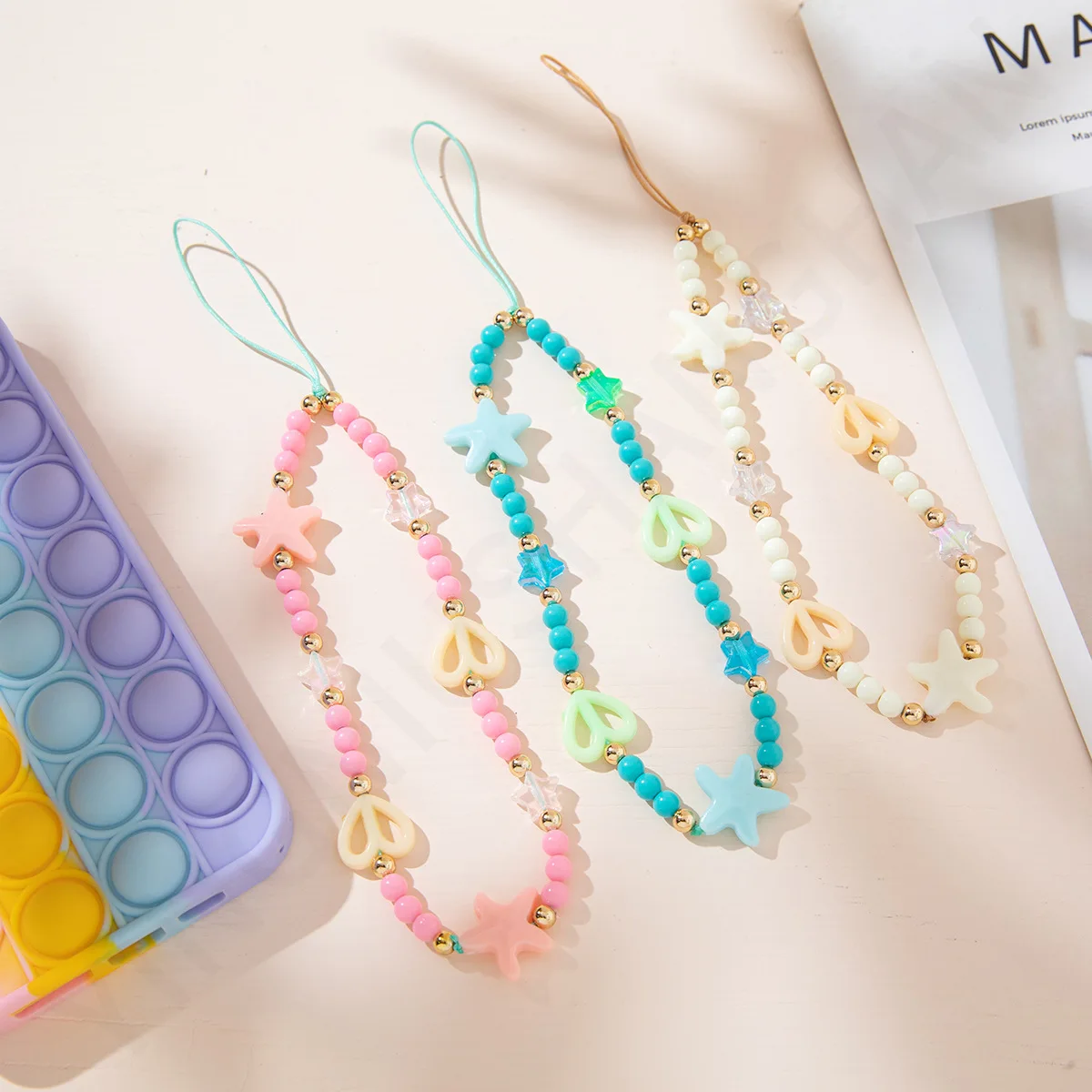 

Fashion Girly Blue White Pink Round Beads Stars Starfish Love Heart-Shaped Women Acrylic Mobile Phone Lanyard Chain Jewelry Gift
