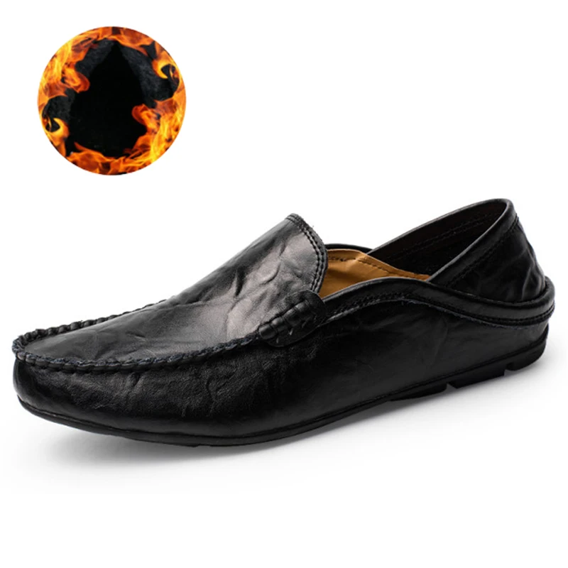black with Plush Г., модная мужская обувь повседневные удобные лоферы из натуральной кожи мужские мокасины дышащая водонепроницаемая обувь без шнуровки для вождения - Цвет: black with Plush