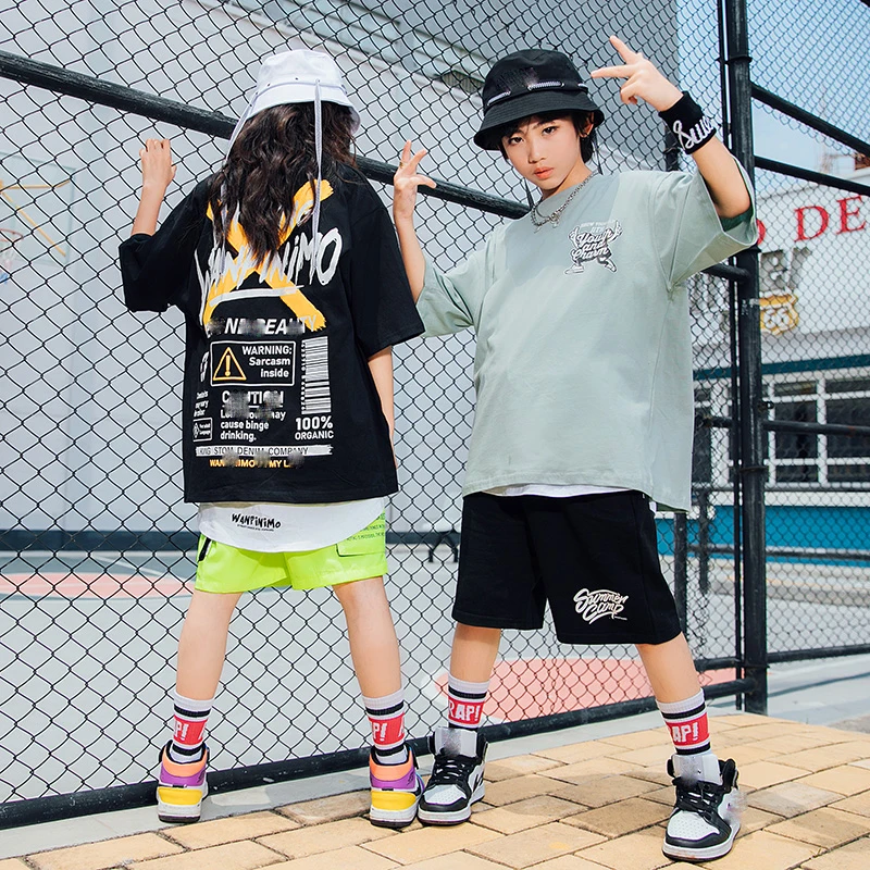 

Children's Day Ballroom Hip Hop Dance Clothes For Kids Loose Short Sleeved Shorts Performance Costumes Jazz Rave ClothesDQS7162