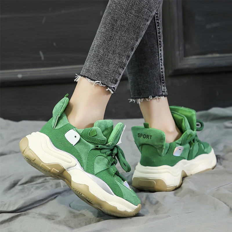Новинка Модные Зеленые массивные кроссовки Женская повседневная обувь из