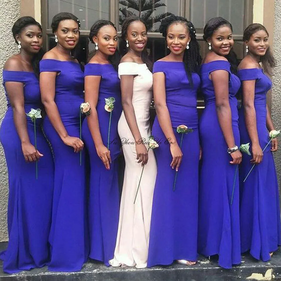 

Royal Blue God Mother Dress Off The Shoulder Sheath Bridesmaid Dresses Lace Up Back Long Prom Gowns Vestidos De Gala