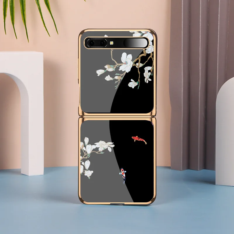 z flip funda case for samsung galaxy z flip f7000 5g elegant scholarly flower patterned tempered glass phone case cover z flip free global shipping