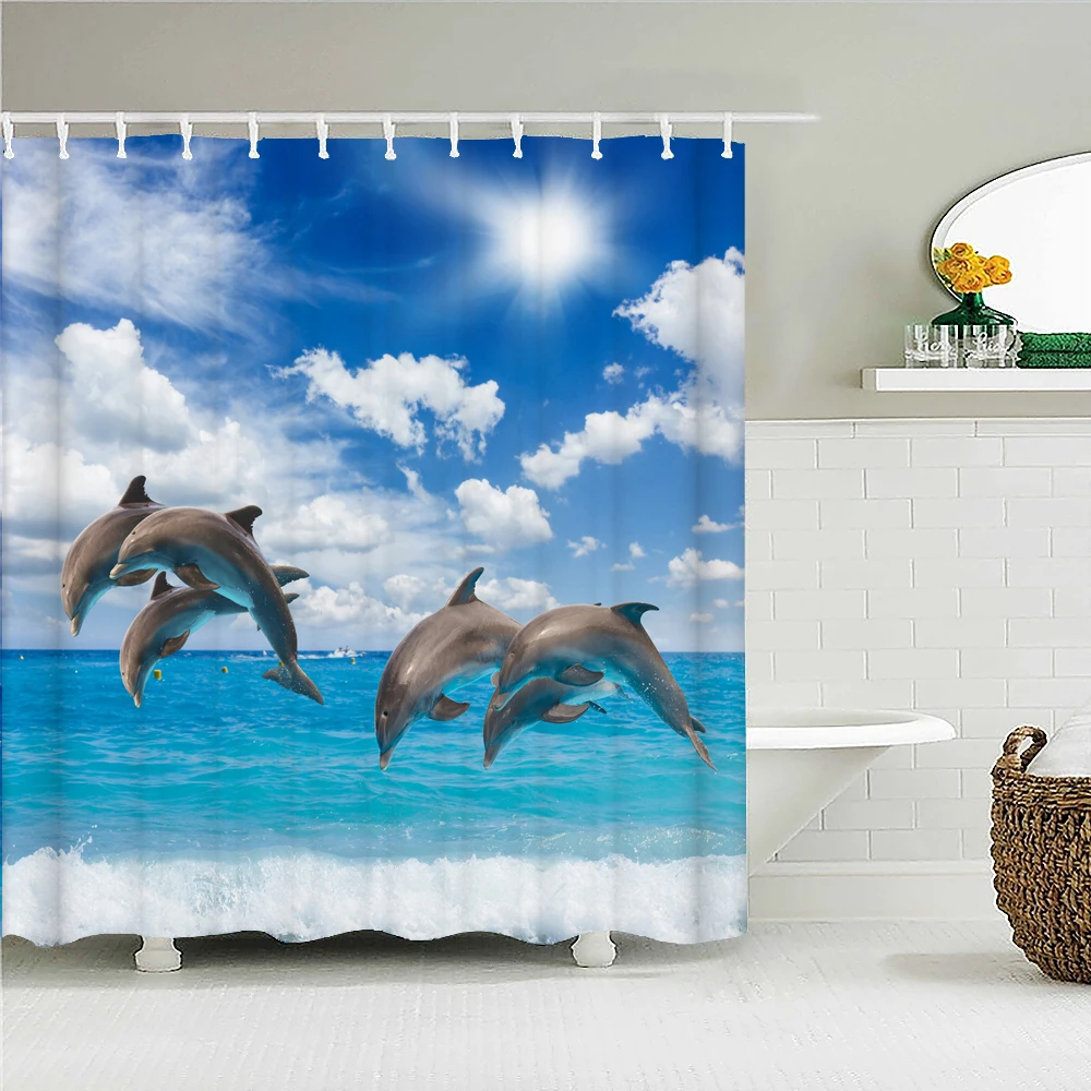 

3D Sea Ocean Dolphin Pattern Bath Curtain Waterproof Fabric Shower Curtains Sunny Beach Bathtub Screen for Bathroom Home Decor