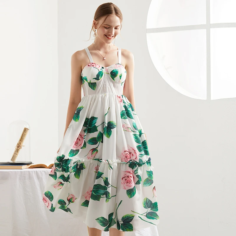 

2021 New Product Women's Retro Rose Flower Printing Waist Slimming Sexy Sling Fashion A Line Mid Length Dress