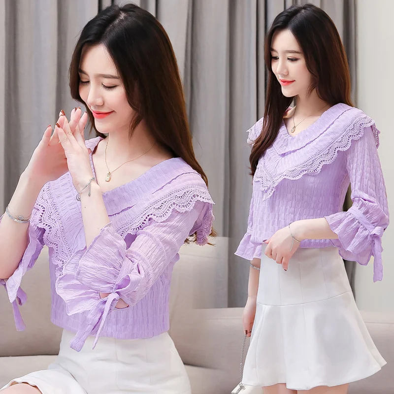 бант v-образный воротник шифон кружева Женские топы Модная рубашка Летние