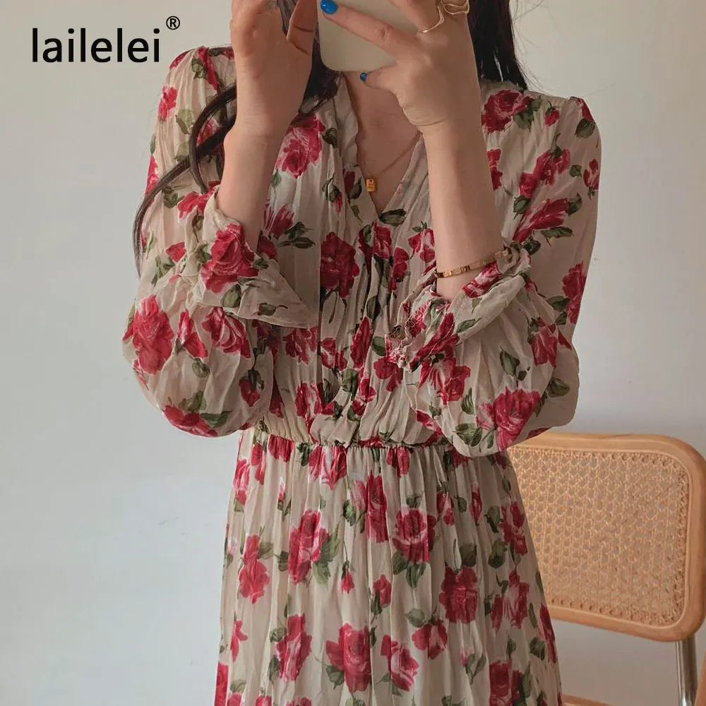 

Pink Rose Floral Print Pleated Chiffon V-line Long Dress Women Korean Vintage Sweet Lady Long Sleeve Boho Spring Female Vestidos