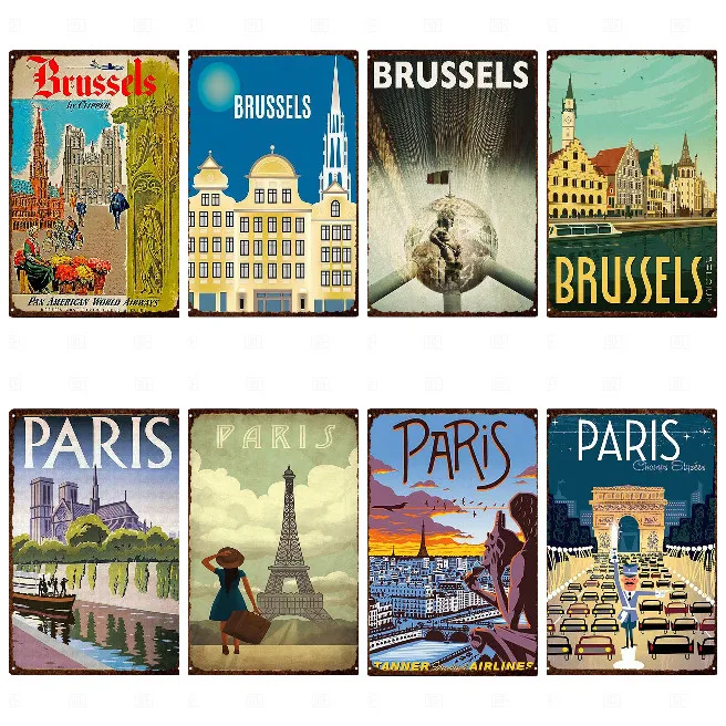 

Paris Vintage Metal Poster Metal Plaque Vintage Brussles Retro Garage Signs Decorative Wall Art Decoration Metal Tin Signs