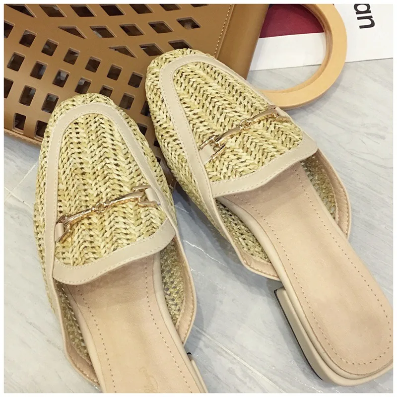 New Fashion Women Mules Slipper Low Heel Slip On Slide Sandals Cane Woven Beach Summer Slippers Flat Sandals