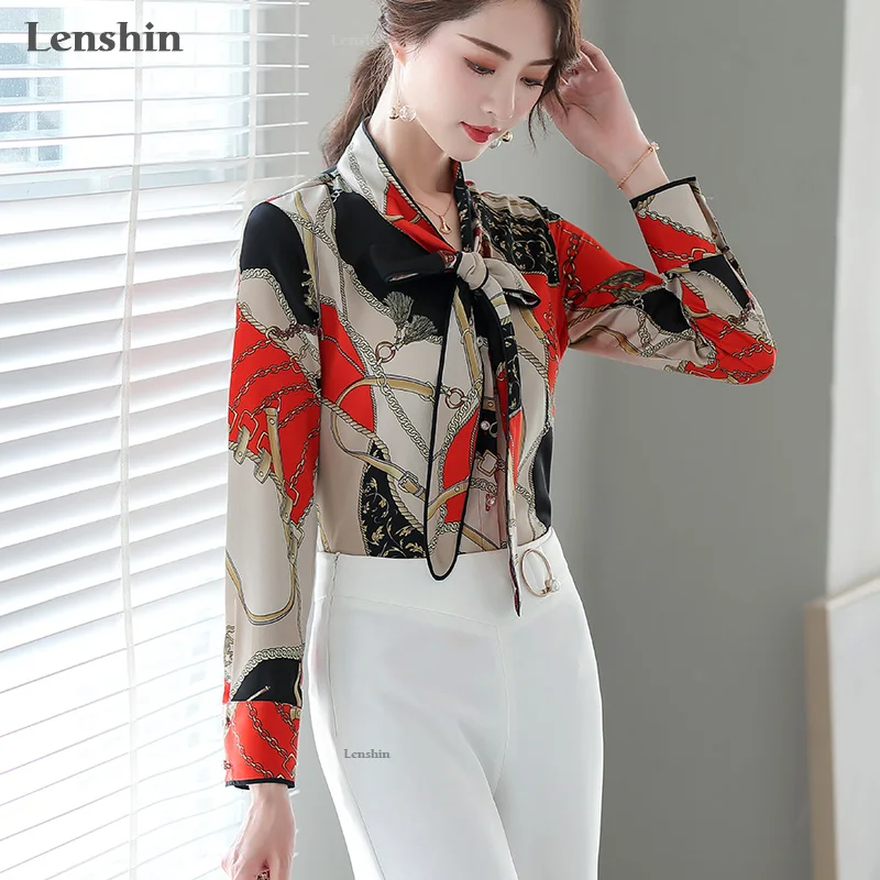 Блузка Lenshin с геометрическим принтом дышащая мягкая блузка галстуком бабочкой