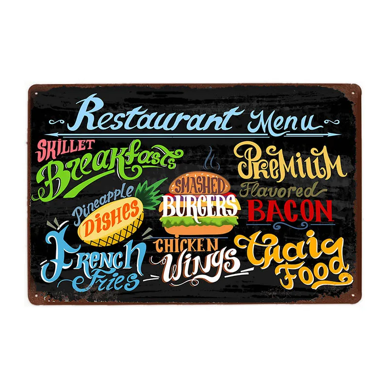 

Breakfast Metal Plaque Pizza Hamburgers Metal Vintage Poster Tin Sign Kitchen Wall Decor Cafe Cake Shop Diner Decorative Plate