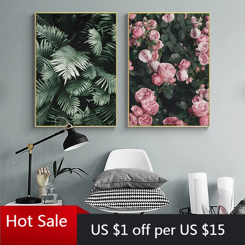 Зеленые листья розы цветы холст Постер в скандинавском стиле ботанический