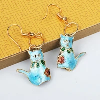 handcrafted colorful cute enamel cat earrings cloisonne filigree eardrop ladies accessories ear dangle animal copper jewellery