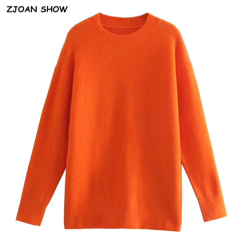 

2021 Vintage Women Midi Orange Sweater CHIC O neck Long Sleeve Loose Pullovers Jumper Base Knitwear Autumn Winter Female