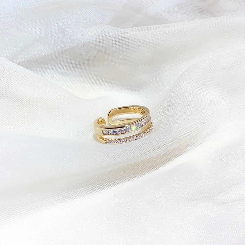 

Trendy Double Layer Rings for Women Adjustable Opening Design Accessories Jewelry Shiny AAA Zircon Anniversary Weddings Party