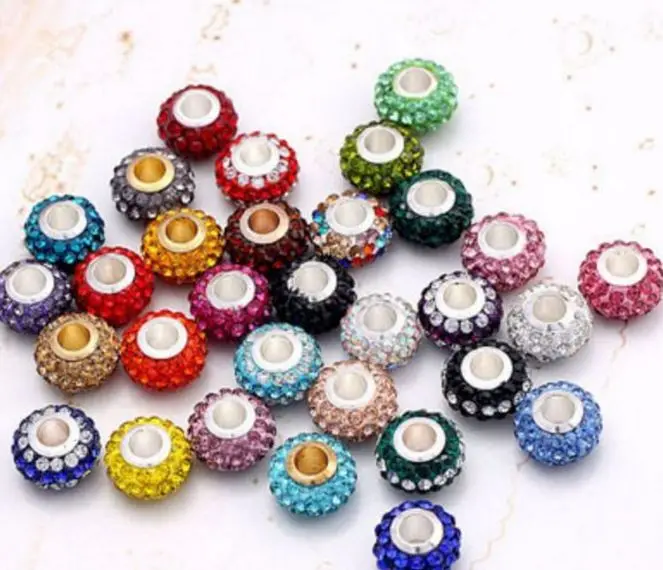 

mixed white hot 14MM 50Pcs/lot Multi Resin Rhinestone Silver Plated Core hgr23 Crystal European Beads Fit Charm Bracelets