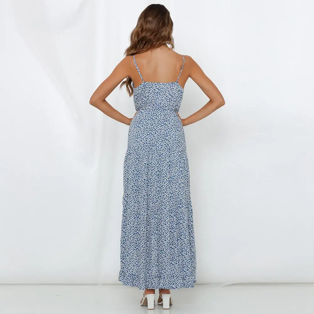 

Soolasea Summer Women Floral Print Long Dress Boho Sexy V Neck Split Maxi Party Dress Backless Strap Casual Dresses Vestidos