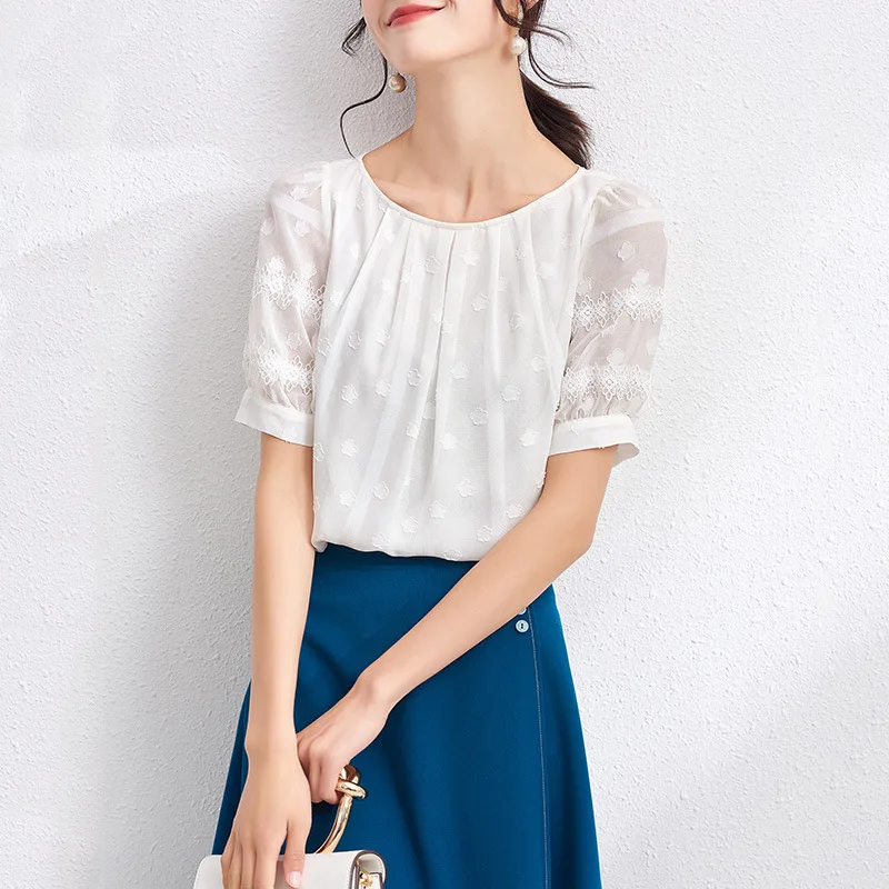 

Zhenxi new Pullover round neck thin jacquard chiffon shirt women's design sense niche short sleeve top sb978