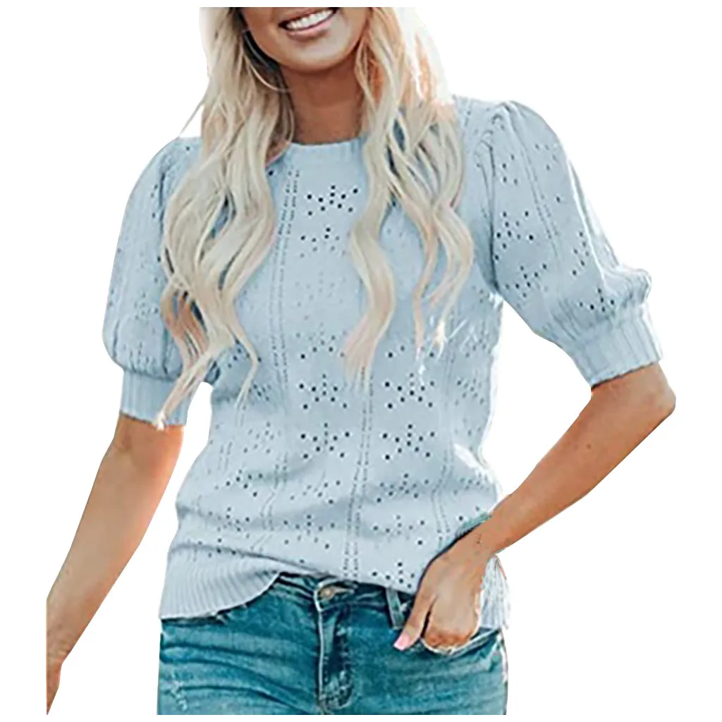women tops Fashion Casual Women Solid Hollow out O-Neck Middle Sleeves Pullover Knitted Sweater Blouse Tops блузка женская |