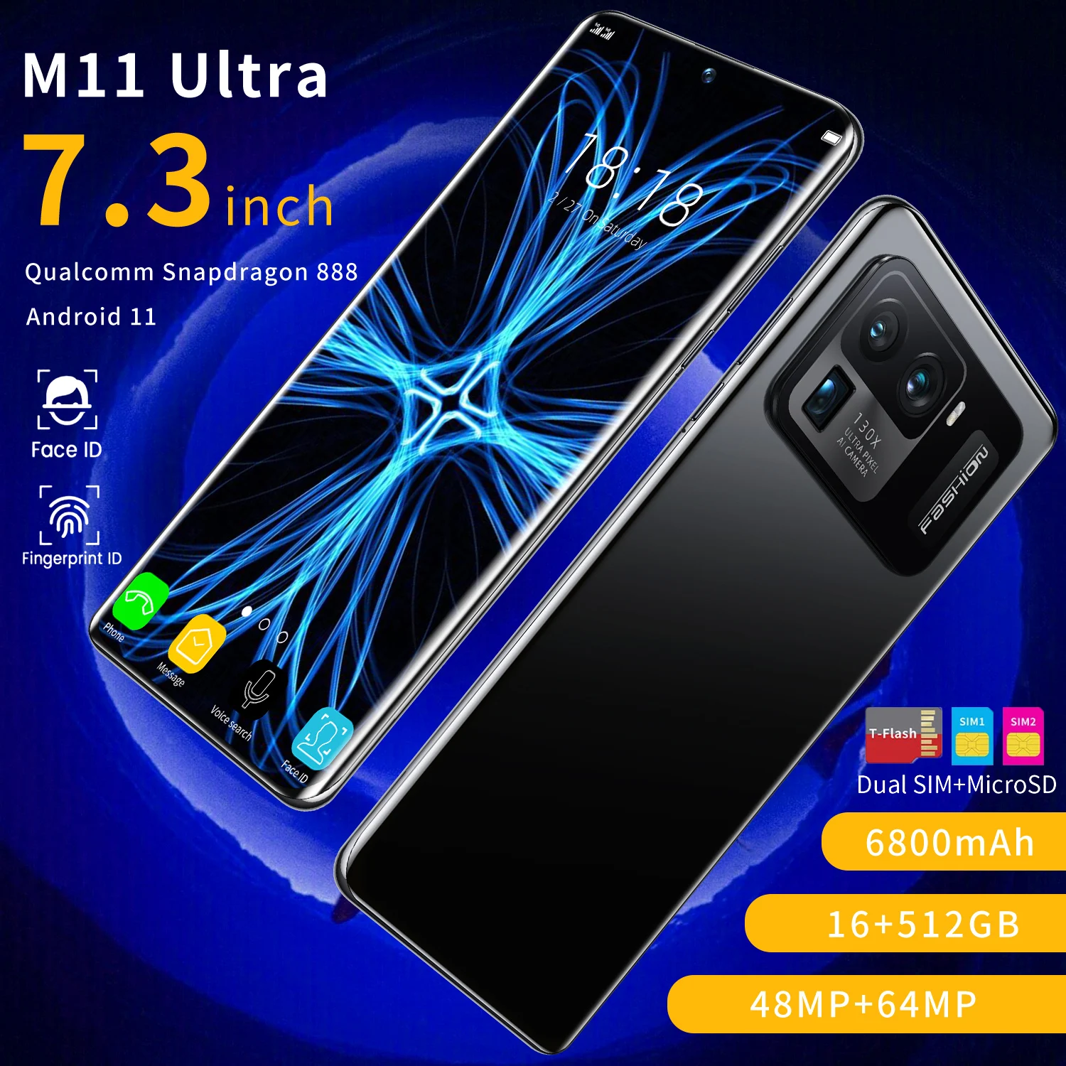 

Newest Global version M11 Ultra 5G Android Smartphone 7.3 Inch 16GB 512GB Snapdragon 888 64MP Camera 6800mAh Unlock Cellphone