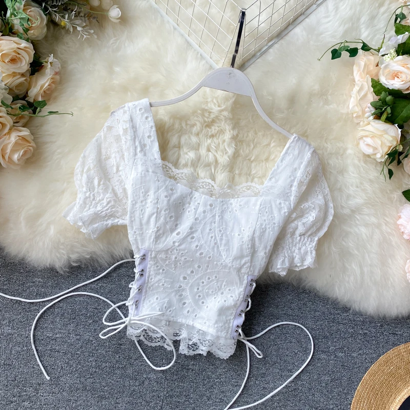 Новинка 2020 Женская шикарная супер милая кружевная блузка с пышными рукавами и