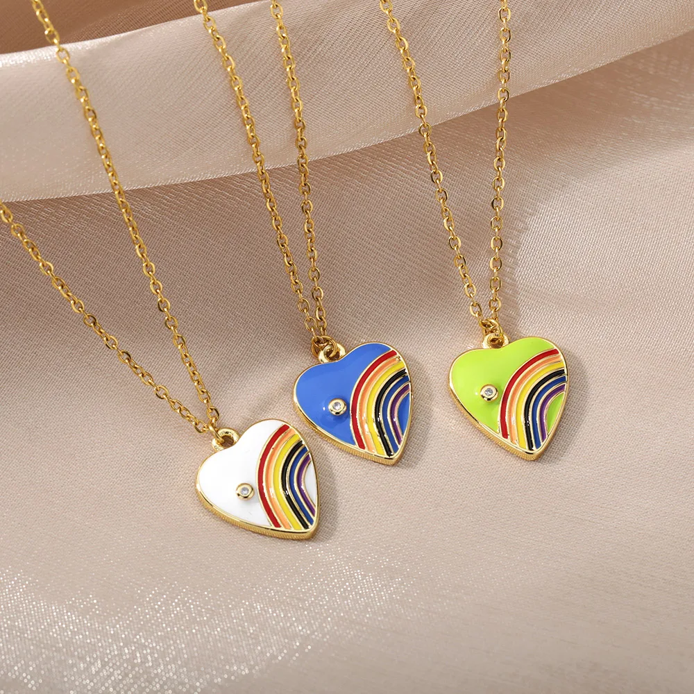 

Card 2021 Copper Pendant Necklace For Women Girls Fashion Rainbow Stripe Heart Party Jewelry Colorful Women's Neck Chain