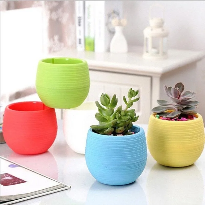 Mini Colourful Plastic Cute Round Flower Pot Succulent Plant Flowerpot For Home Office Decoration 5 Color Garden Supplies