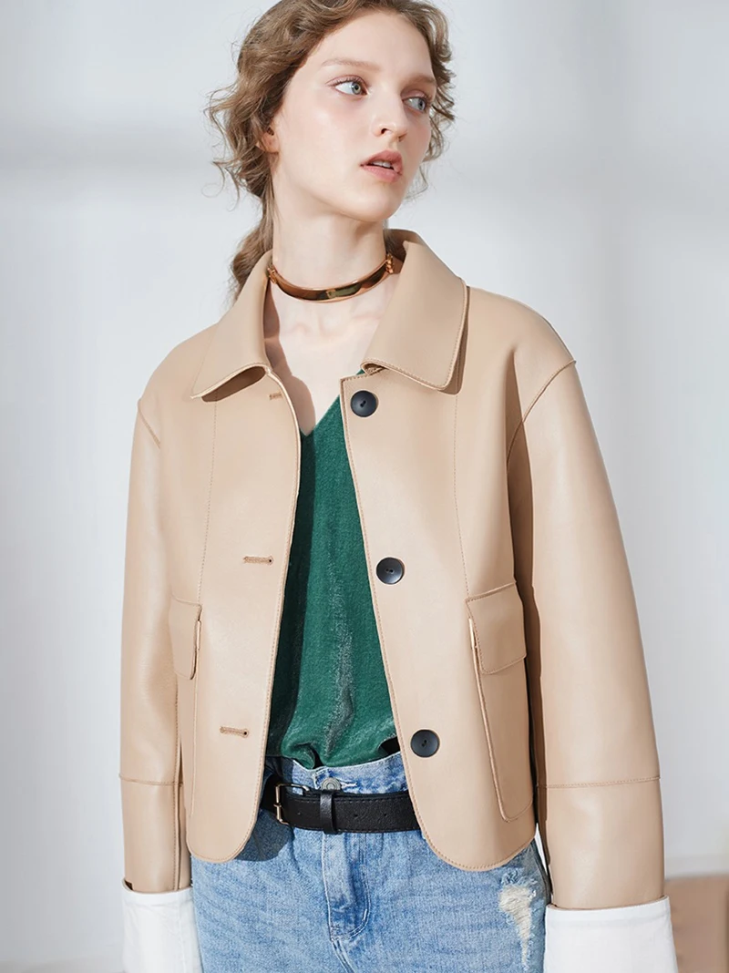 Sheepskin Jacket Women's Double Patch Pocket Spring and Autumn Genuine Leather Clothes Jacket Women's Short Style Fashion