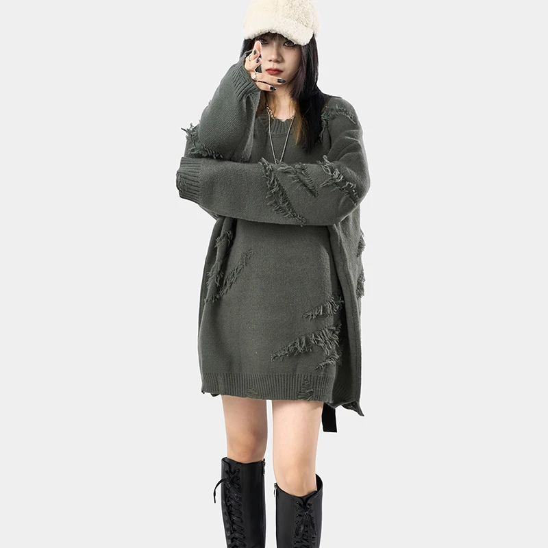 ArmyGreen-suéteres con borlas para hombre y mujer, suéter rasgado estilo Hip Hop, Harajuku coreano, suelto, informal, desgastado, 2020