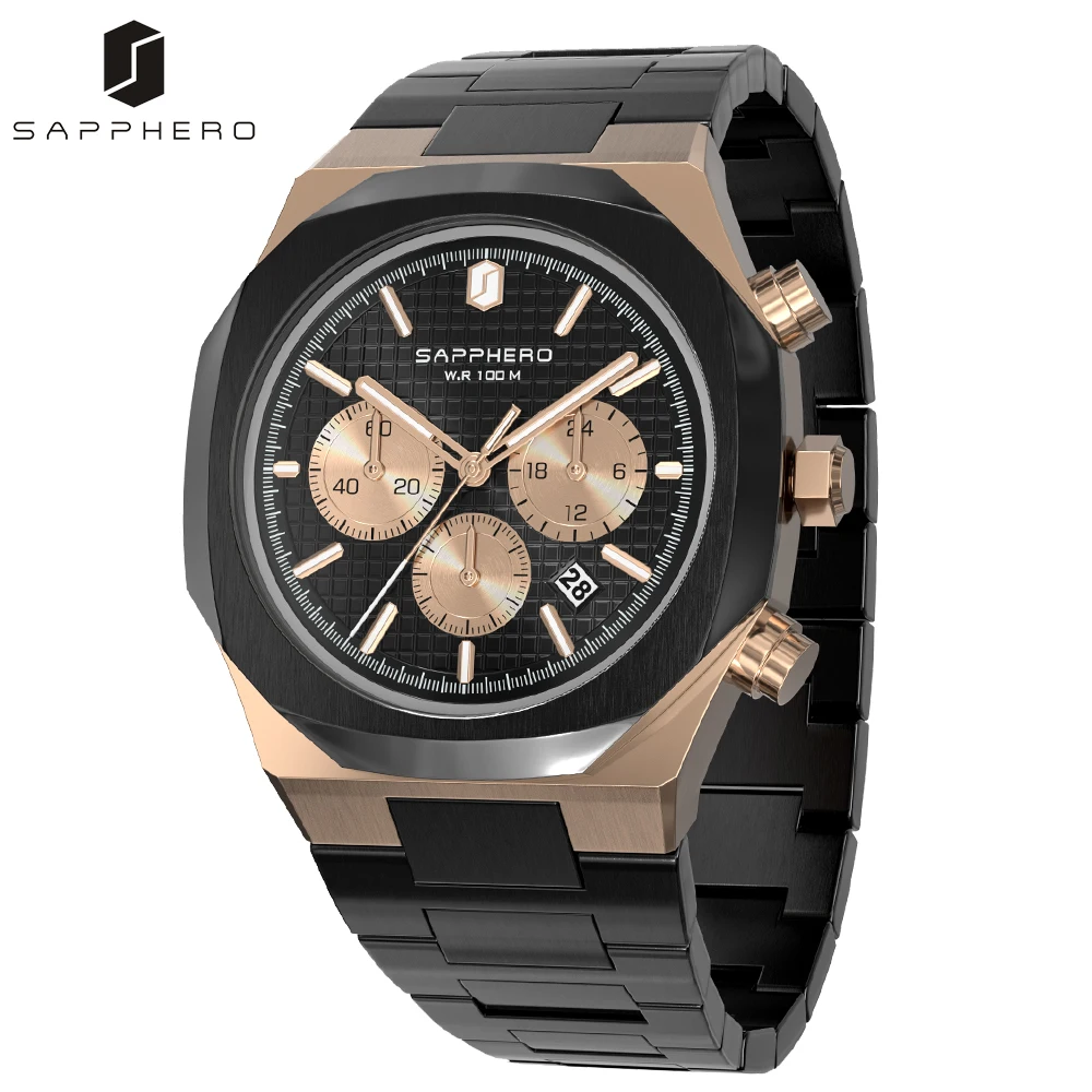 SAPPHERO Watches for Men Top Brand 100M Waterproof Stainless Steel  Sport Chronograph Quartz Wristwatch Stylish Watch for Men