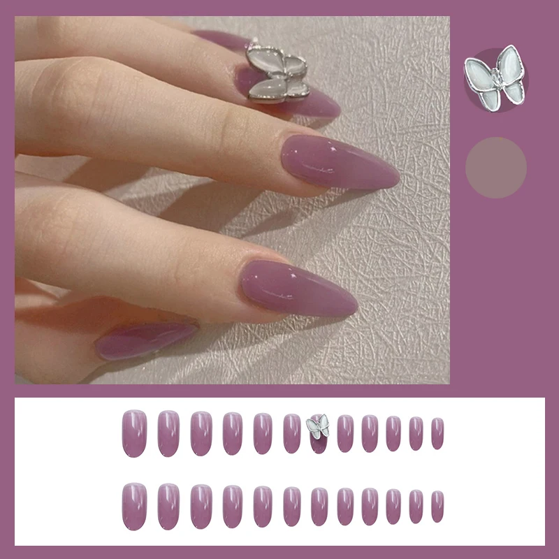 

Fake Nails White Jelly Purple Silver Butterfly Wear-Resistant Nail Stickers Finished Nail Stickers 24 Pcs With Glue Fake Nails