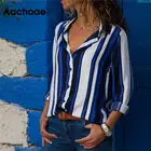 Женская шифоновая блузка Aachoae, с длинным рукавом, в полоску, с отложным воротником, для офиса, повседневные топы, размера плюс