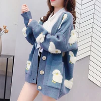 women long sleeve cartoon sheep elegant cardigans sweater loose oversize tops sweet knitted coat jacket female knitwear cardigan